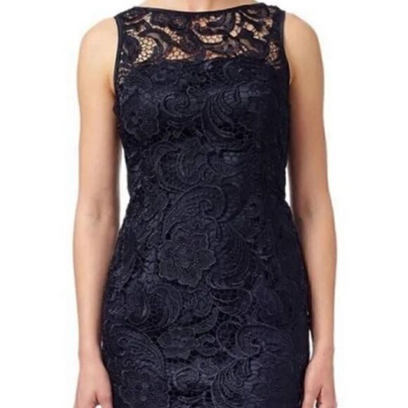 Adrianna Papell Illusion Neckline Navy Lace Sheath Dress - Picture 2 of 12